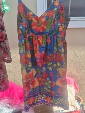 SHEIN Blue Floral V-Neck Sundress with Red and Orange Flowers